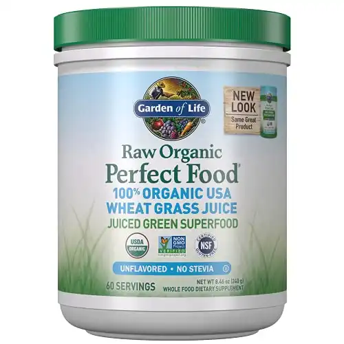 Garden of Life Raw 100% Organic Perfect Food USA Wheat Grass Juice - Green Superfood Powder, 60 Servings - Stevia & Gluten Free, Non-GMO, Vegan, Whole Food Dietary Supplement, 8.46 Oz
