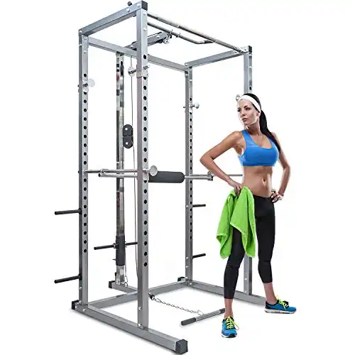 Merax Athletics Fitness Power Rack Olympic Squat Cage Home Gym with LAT Pull Attachment (Silver Power Rack)