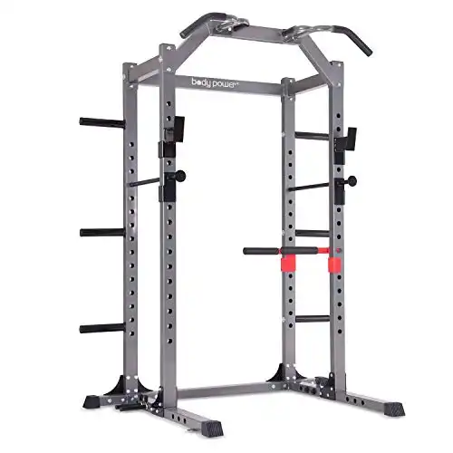 Body Power Deluxe Rack Cage with Accessories, Attachments, Safety Bars, and Built-in Floor-Mount Anchors PBC5380
