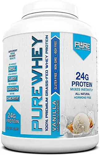 Pure Label Nutrition 100% USA Grass-Fed Whey Protein Concentrate, 5lb Vanilla, Non-GMO, rBGH Free, Soy Free, Gluten Free, Low Carbs and Low Fat, No Sugar Added, Keto Friendly