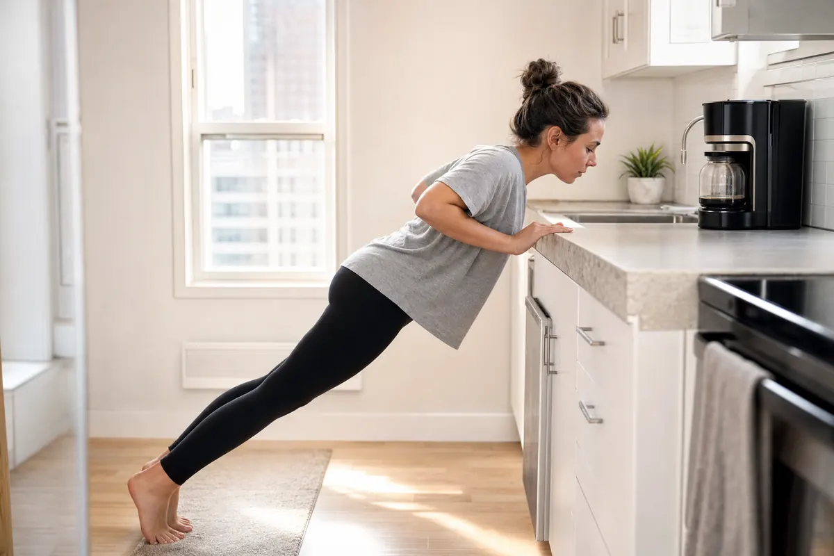 Woman doing an incline push-up against a kitchen counter while the coffee brews