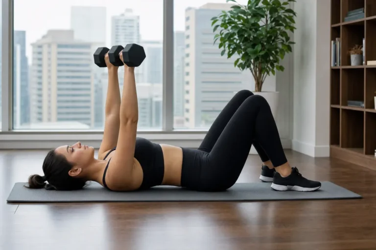 Woman doing a dumbbell floor press on a mat at home