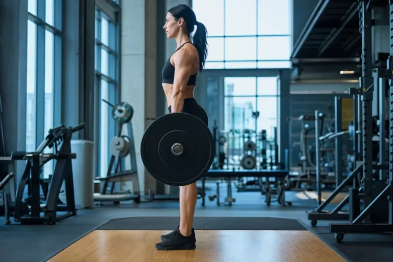 Woman doing a barbell deadlift with a flat back, side view