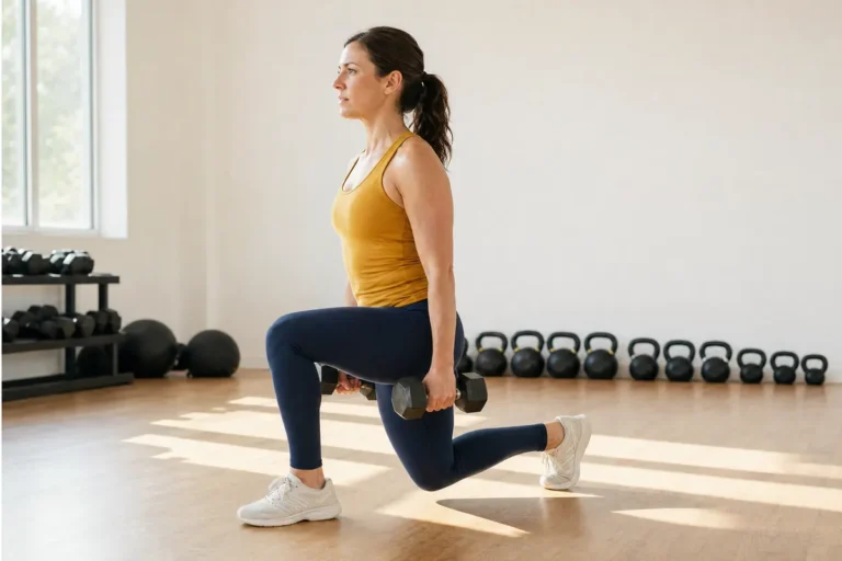 Woman doing a dumbbell reverse lunge during a gym circuit, side view
