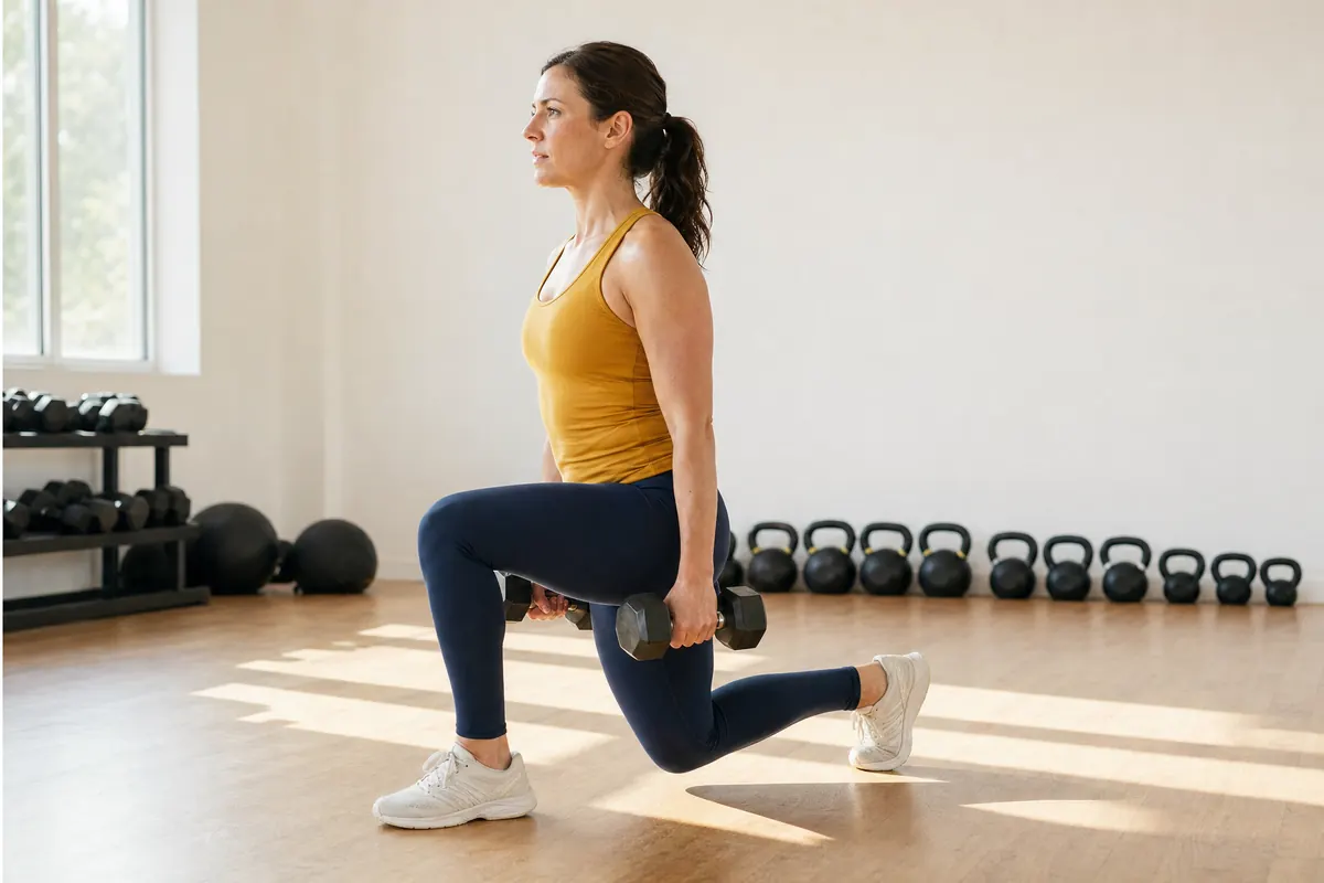Woman doing a dumbbell reverse lunge during a gym circuit, side view
