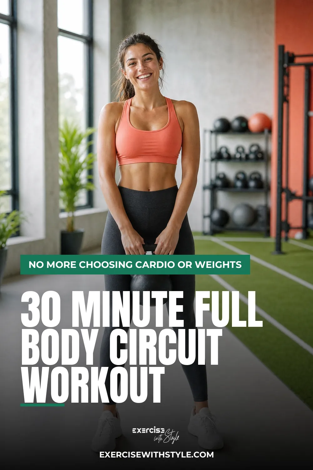 30 Minute Full Body Circuit Workout pin: a smiling woman holding a kettlebell in a bright training studio