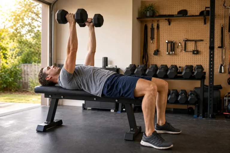 Man doing a dumbbell bench press in a home garage gym