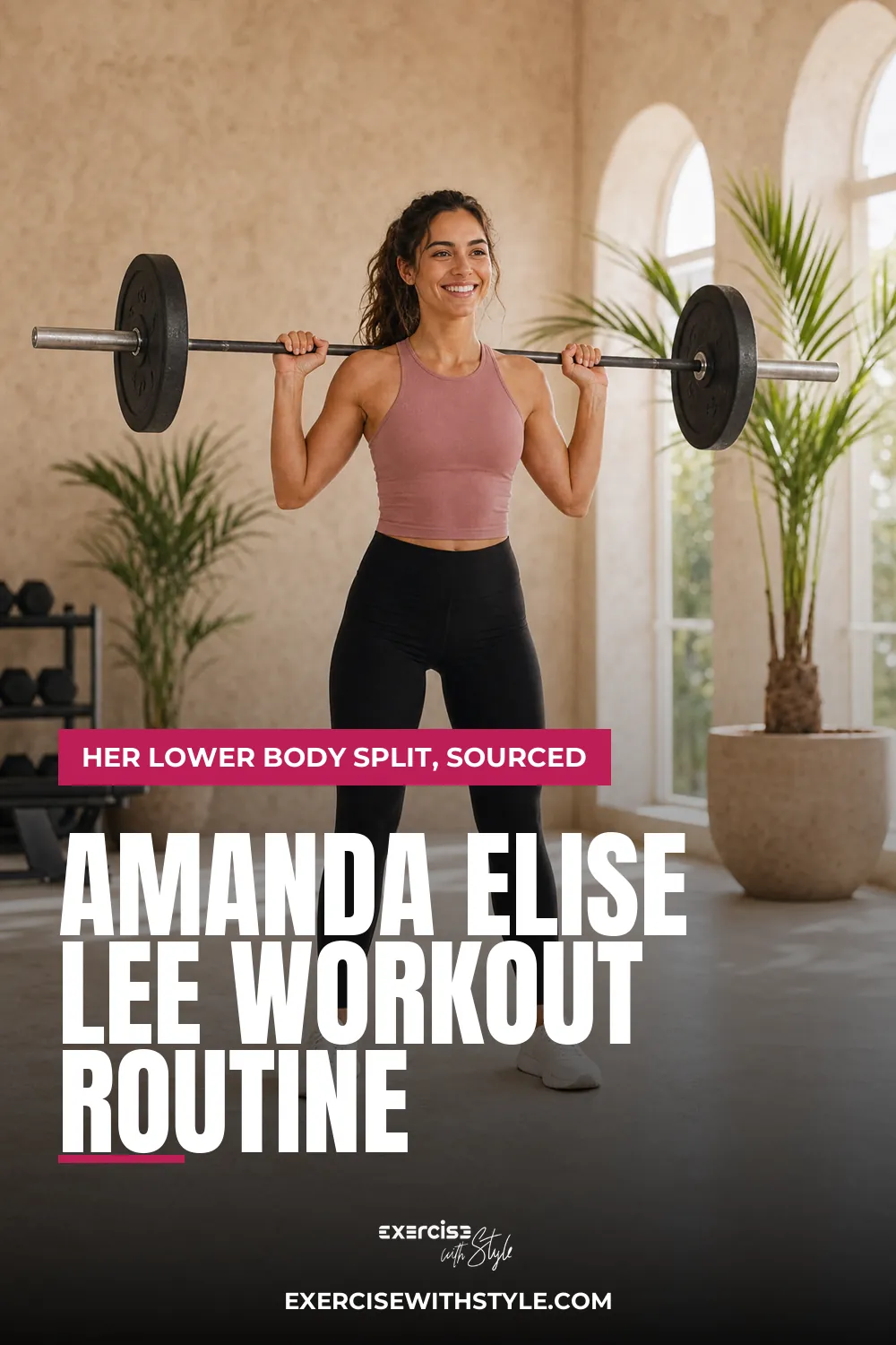 Amanda Elise Lee Workout Routine pin: a smiling woman holding a barbell in a bright arched gym