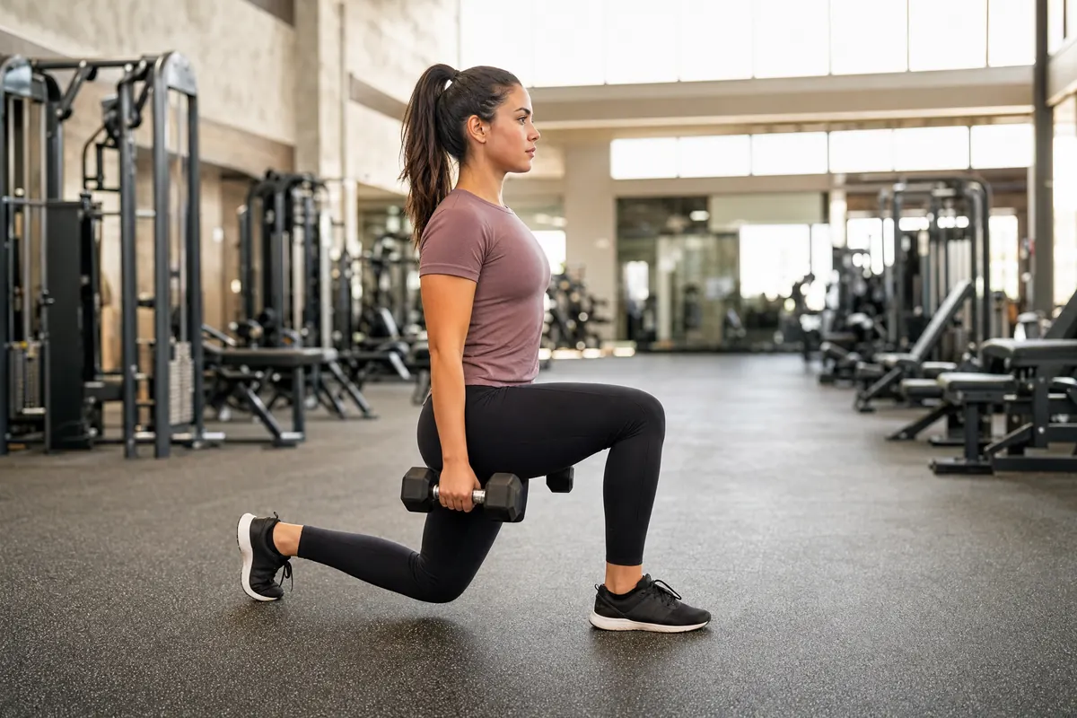 Woman doing a dumbbell walking lunge in a gym, side view