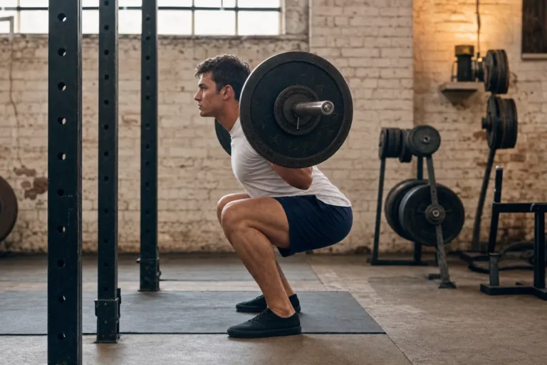 Man at the bottom of a barbell back squat in an old school gym, side view