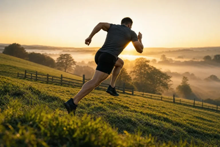 Athlete sprinting on a grassy hill at sunrise during off-season conditioning