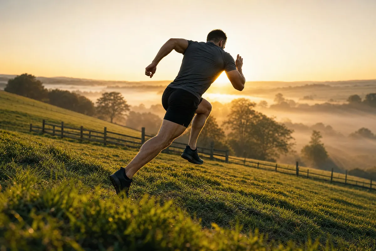 Athlete sprinting on a grassy hill at sunrise during off-season conditioning