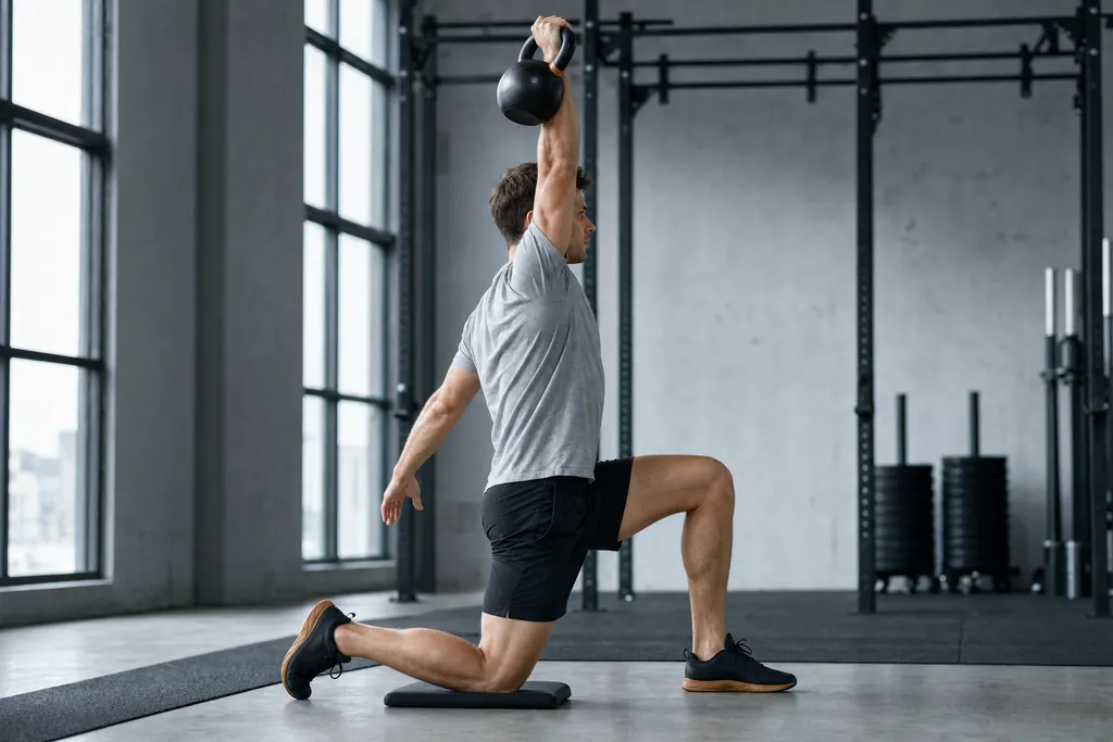 Athlete doing a half kneeling one-arm kettlebell overhead press in a gym