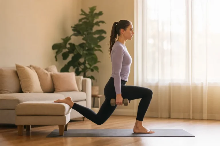 Woman doing a dumbbell Bulgarian split squat at home with her back foot on an ottoman