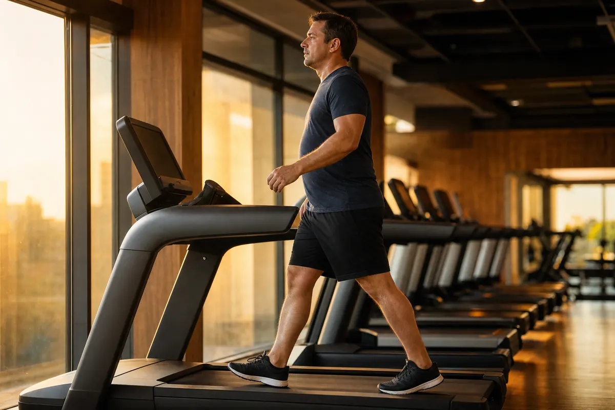 Man walking on a treadmill in a gym at sunset during a cardio session