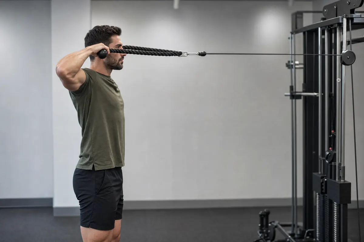 Man doing a cable face pull with a rope, elbows high