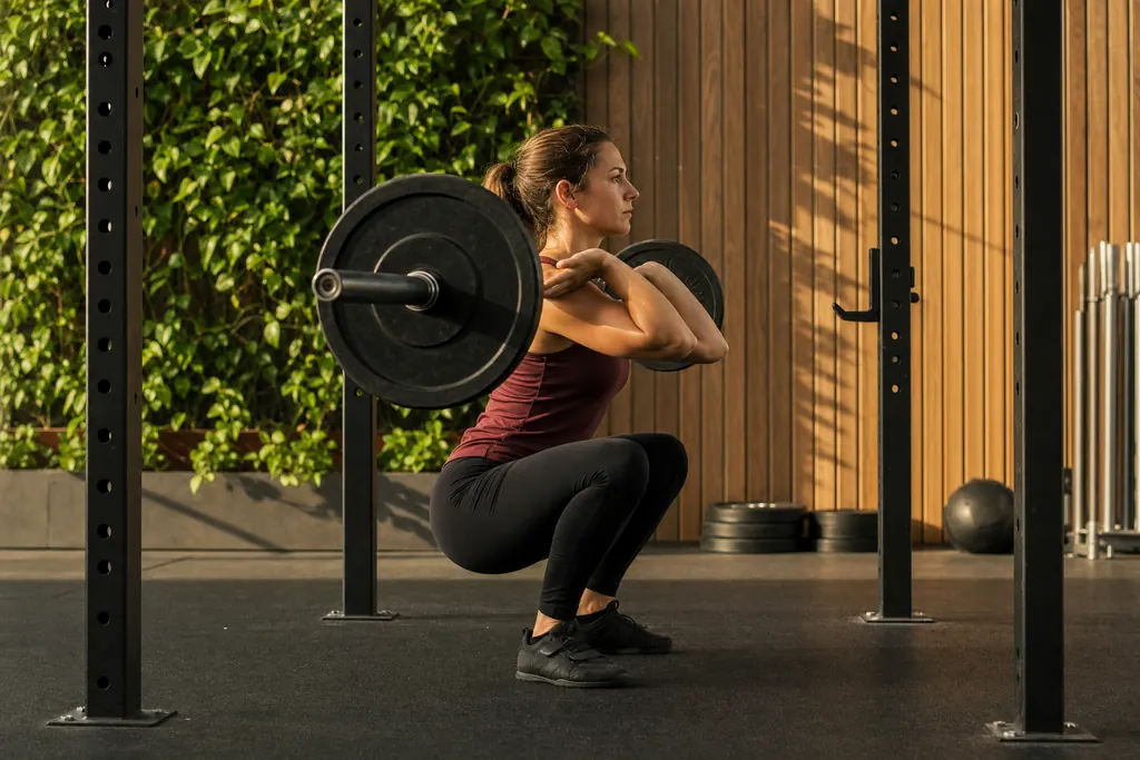 Woman doing a barbell front squat, side view