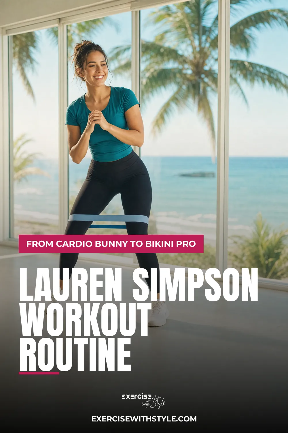Lauren Simpson Workout Routine pin: a smiling woman with a resistance band around her legs in a bright gym