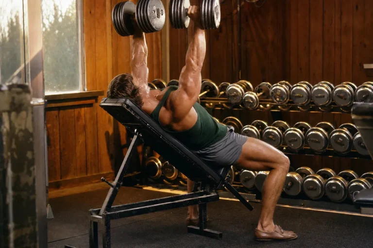 Muscular man doing an incline dumbbell press in an old school gym