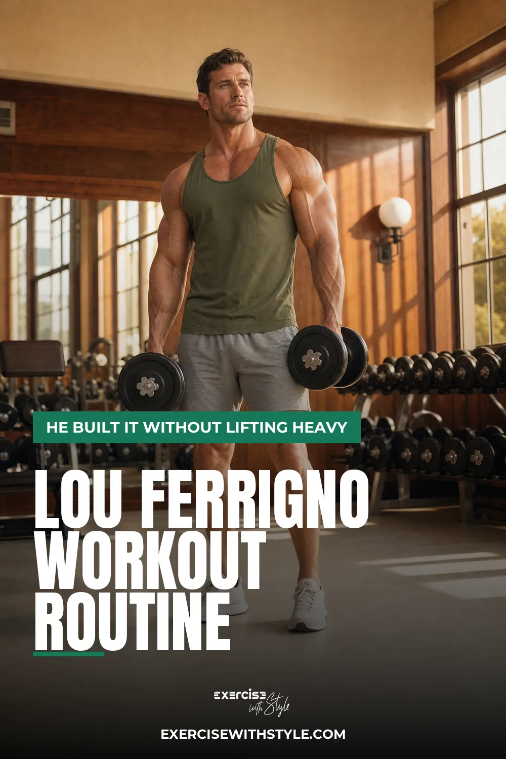 Lou Ferrigno Workout Routine pin: a very muscular man holding dumbbells in a sunlit old school gym
