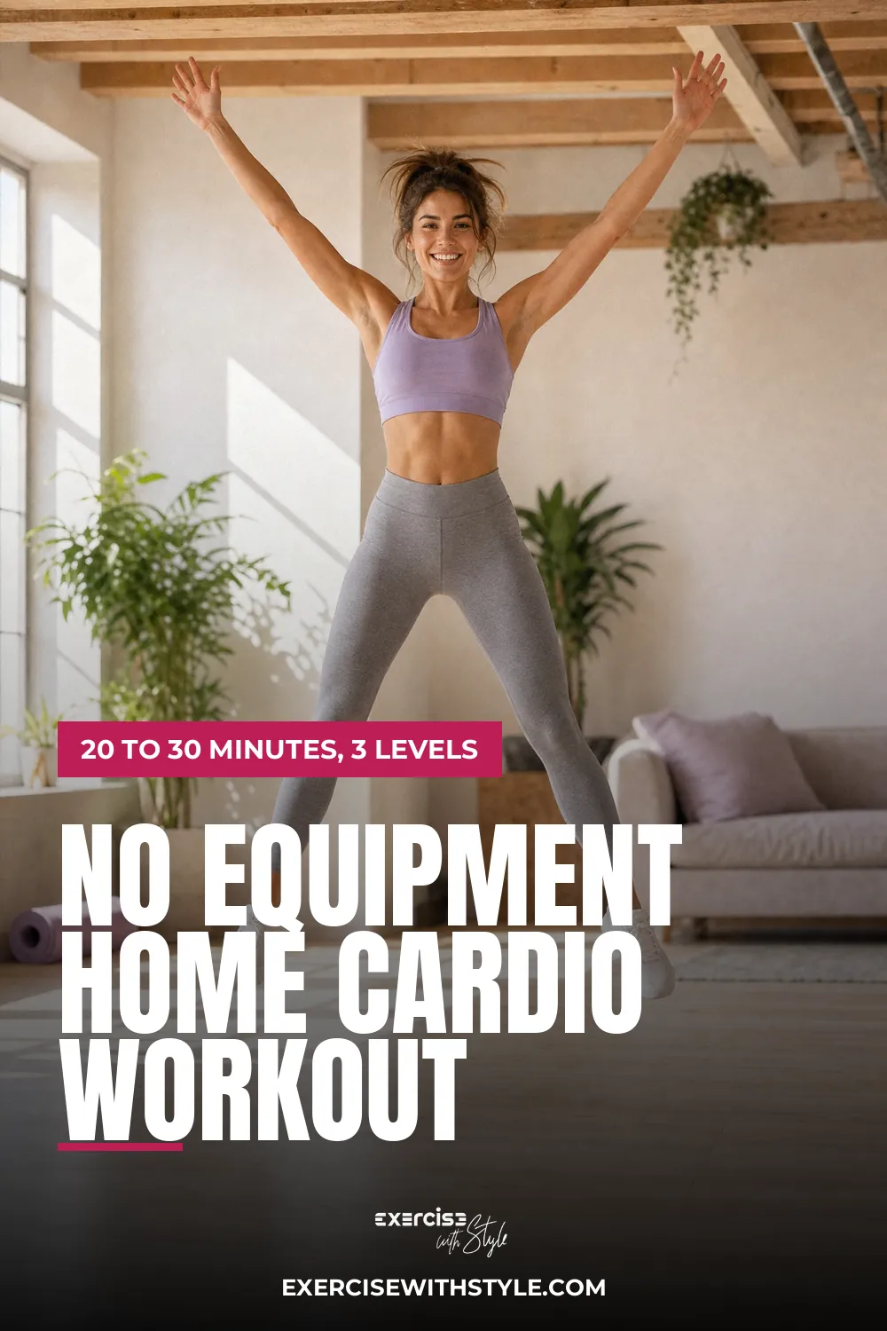 No Equipment Home Cardio Workout pin: a smiling woman doing a jumping jack in a sunny loft apartment