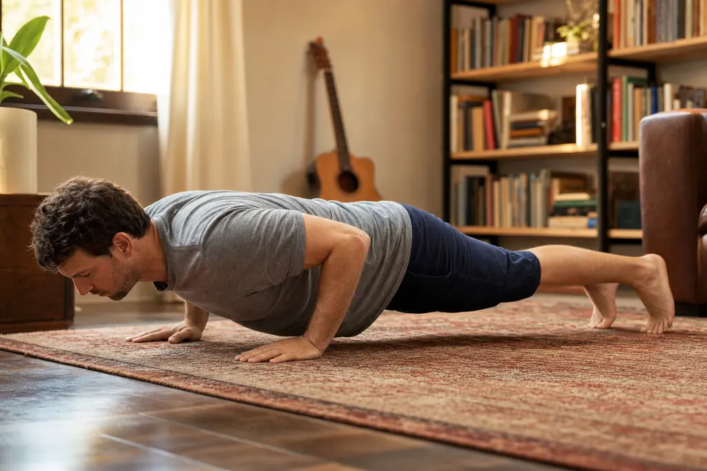 Man doing a push-up on a rug at home, side view