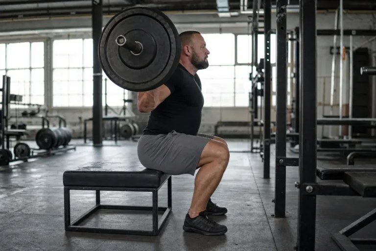 Man in his forties doing a barbell box squat, side view