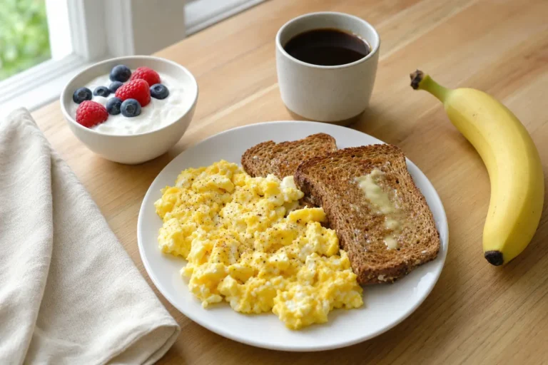 Scrambled eggs, wholegrain toast, Greek yogurt with berries and a banana for the first meal of the day