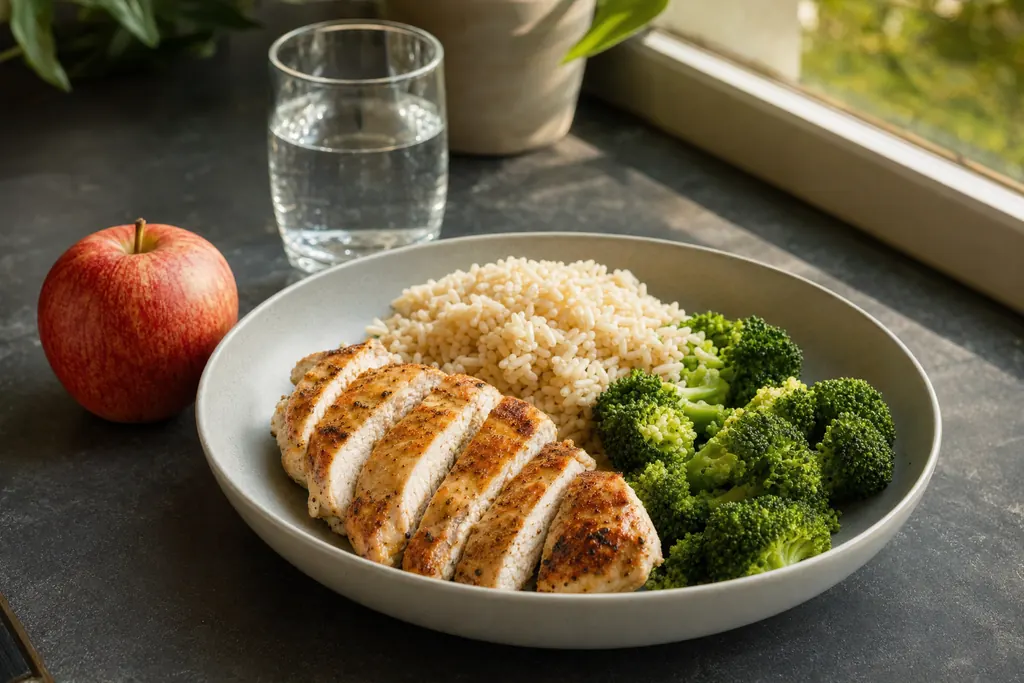 A bowl of sliced grilled chicken, brown rice and broccoli with an apple on the side