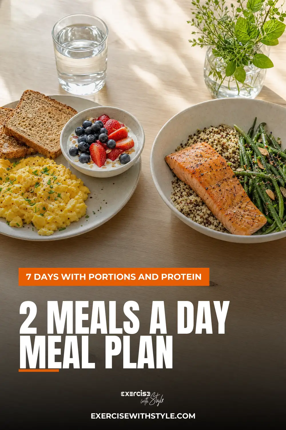 2 Meals A Day Meal Plan pin: a healthy breakfast plate and a salmon dinner bowl on a wooden table