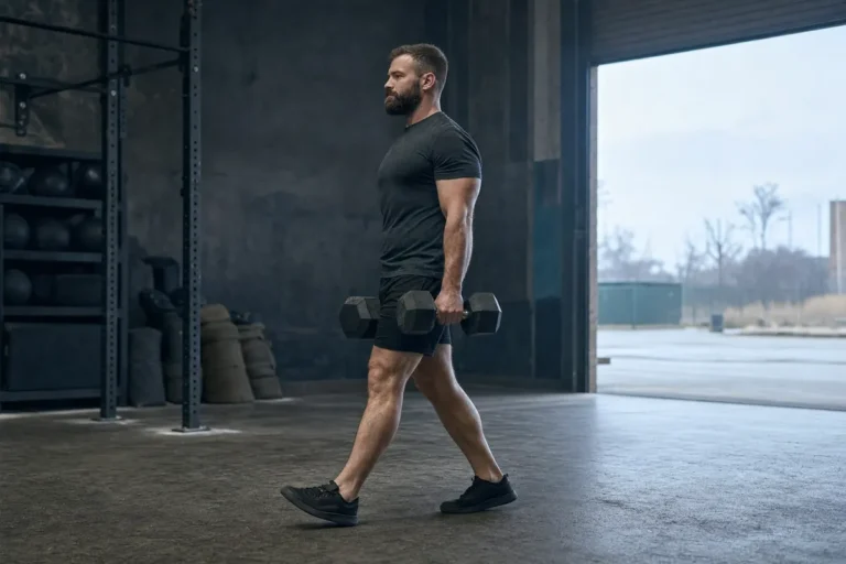 Man doing a heavy dumbbell farmer carry in a warehouse gym