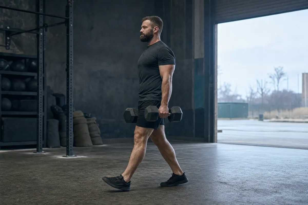 Man doing a heavy dumbbell farmer carry in a warehouse gym
