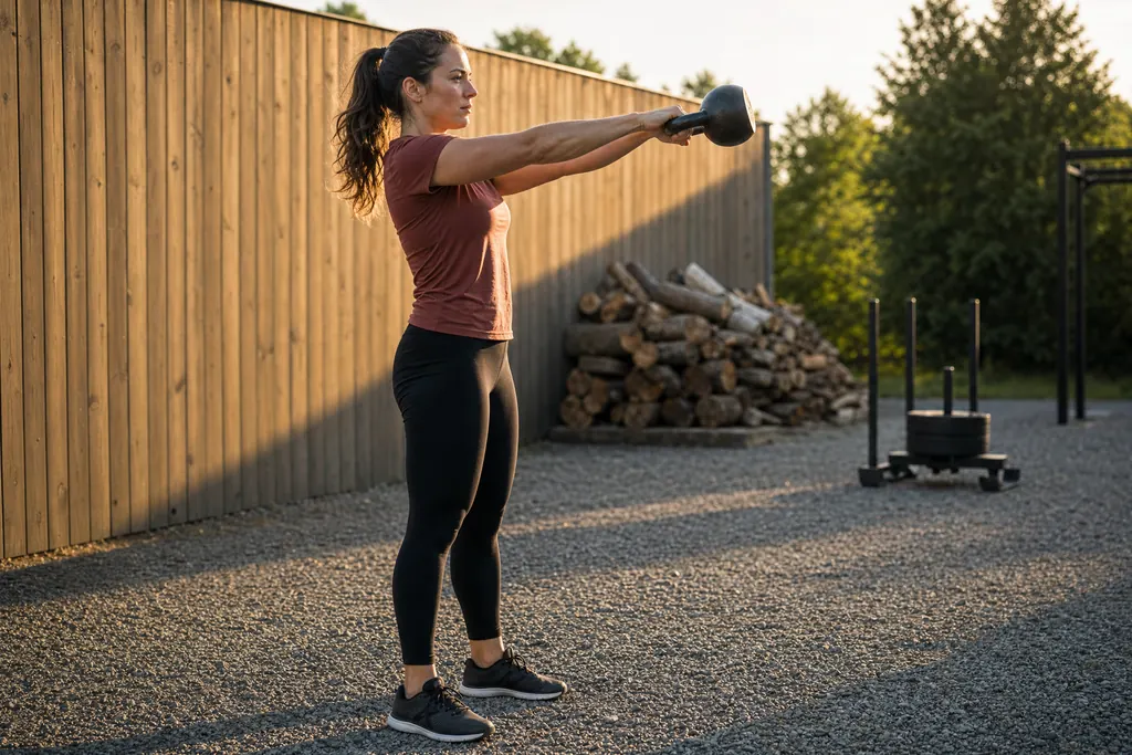 Woman at the top of a kettlebell swing in an outdoor training yard