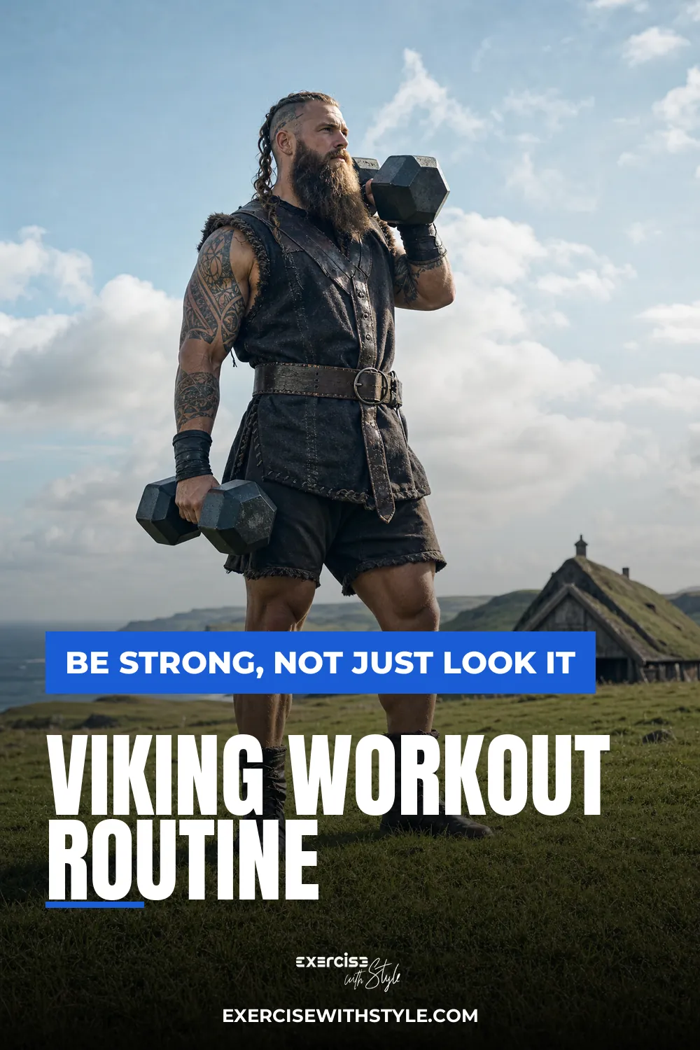 Viking Workout Routine pin: a huge bearded Viking style man holding two heavy dumbbells on a green hillside above the sea, a turf roofed longhouse behind him