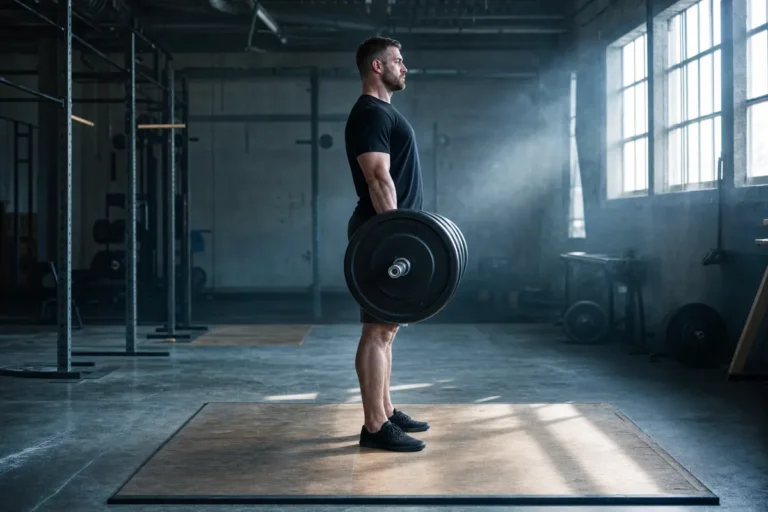 Man at the top of a heavy barbell deadlift, side view