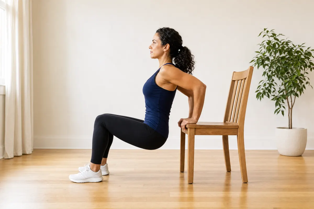 Woman doing a chair dip with her hands on the edge of a wooden dining chair, side view