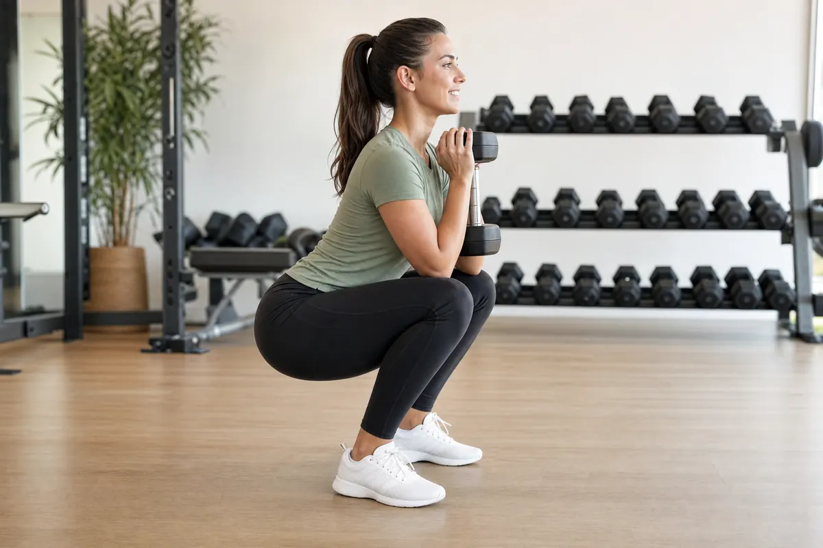 Woman doing a dumbbell goblet squat in a bright gym, side view